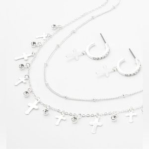 💖💎 Silver Rhinestone Cross Jewelry Set 💞🌸